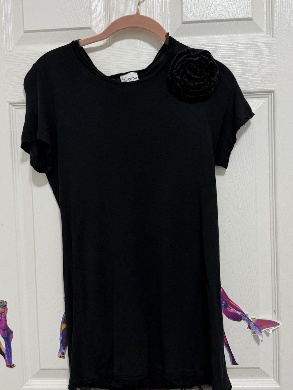 RED Valentino Black Short Sleeve Top with Shoulder Flower